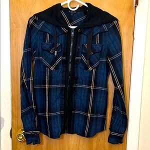 Boys Blue Plaid Hooded Sweater Size M/L